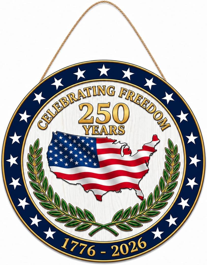 2 x 250th Anniversary Door Sign - 1776-2026 USA Semiquincentennial Patriotic Wreath, 4th of July Wooden Door Hanger, Independence Day Wall Decor for Home Front Porch Outdoor Hanging Ornament - D01