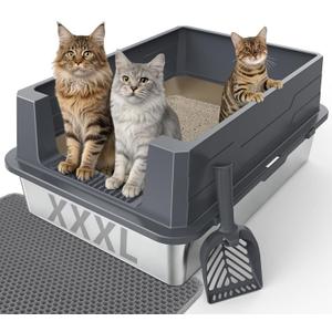 FURTIME Stainless Steel Cat Litter Box, Extra Large Cats Metal Litter Box | High-Sided Open-Top Easy-Clean Litter Pan for Multi-Cat Home, Non-Stick, Anti-Leakage, Comes with Scoop & Mat, 28"20"12.2"