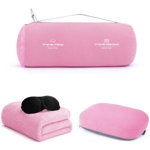 urnexttour 4-in-1 Travel Pillow & Blanket Set with Eye Mask, Memory Foam Neck Support, 50x65 Inch Blanket, Storage Bag for Airplane, Car, Train, Home Travel Pink