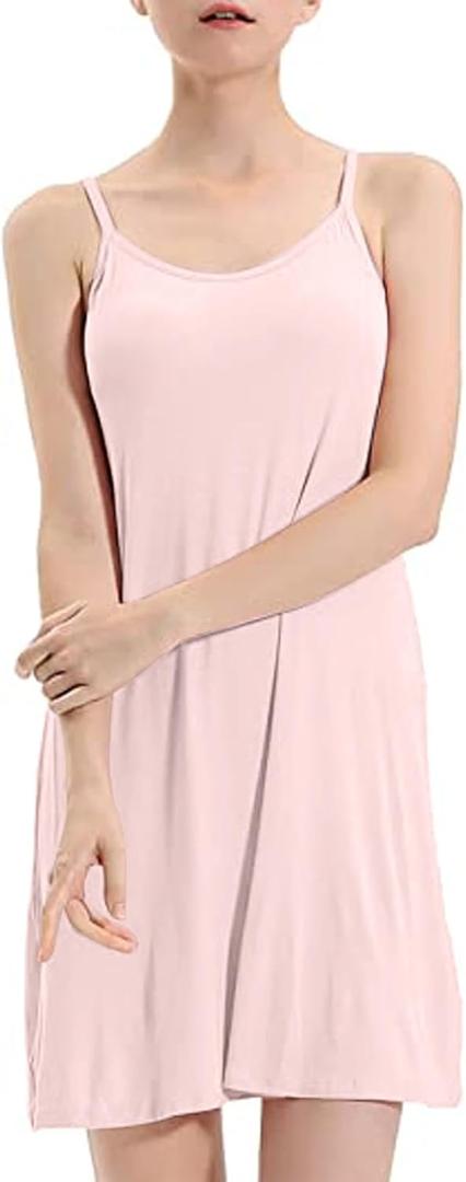 Womens Full Slip Dress Built-in Bra Chemisole Sleepwear Adjustable Spaghetti Strap Nightgown (Large, Pink)