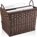 Hand Woven Magazine Holder Rectangular Wicker Divided Magazine Basket with Handle Newspaper Book Storage Basket Organizer for Office Living Room Home Office, 15.5 x 12 x 12.5 Inch