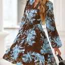 PRETTYGARDEN Women's Fall Boho Dresses 2026 Floral Long Sleeve V Neck Mini Flowy Wedding Guest Dress Trendy Vacation Outfits (Brown, L)