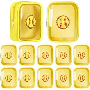Reginary 12 Pcs Chenille Patch Gift Bags Senior Night Gift Bag Waterproof Travel Size Pack for Party Favors Team Stuff(Yellow,Softball)