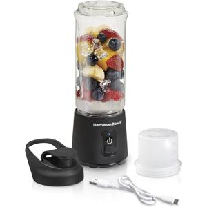 Hamilton Beach Mini Cordless Portable Personal Blender for Shakes and Smoothies, USB Rechargeable, 16 oz. Jar with Leakproof Travel Lid, 6 Stainless Steel Blades, Black (51180)