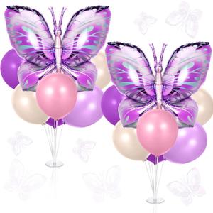 Hungdao 2 Sets Butterfly Party Decorations Table Centerpiece Balloon Stand Kit with Large Butterfly Foil and Latex Balloon for Baby Shower Birthday Wedding Party Supplies(Purple)