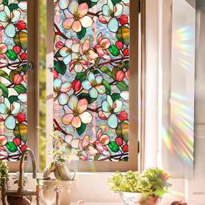 Window Film, Decorative Colorful Flower Stained Static Glass Window Clings Stickers for Home Office Living Room Bedroom Glass Windows Door Decor 16.93 x 39.37 Inches