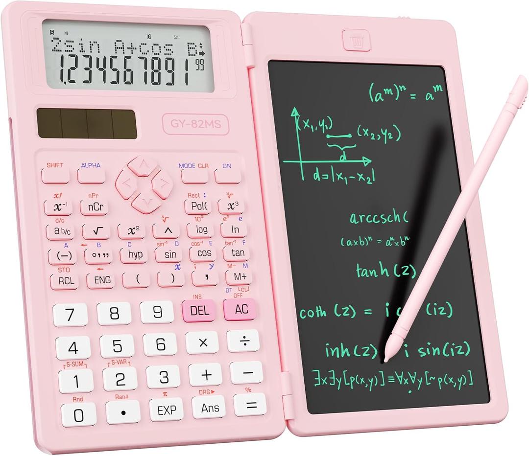Rechargeable ROATEE 991ES MAX Scientific Calculators, CalcNote Multiview 4-Line Display with LCD Writing Tablet Notepad, Foldable Portable for Business High School College Students and Teacher(Pink)