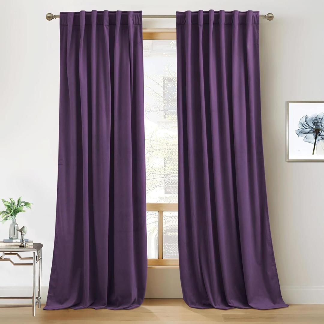 RYB HOME Purple Velvet Curtains 84 inches Length, Back Tab & Rod Pocket Soft Fabric Blackout Thermal Insulated Curtains & Drapes for Bedroom Dining Room, Purple, W 52 x L 84, 2 Panels Set
