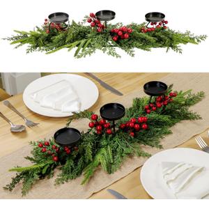 40cm Rustic Christmas Candle Holder 3 Trays with Norfolk Pine Cedar Branches Red Berries for Holiday Dining Table Centerpiece Tabletop Indoor Home Wedding Decorations (Red Berry, 40cm)