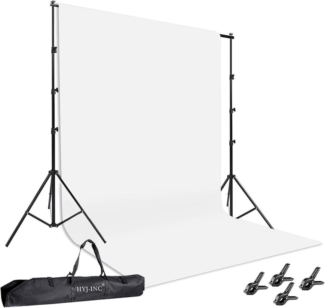 HYJ-INC Photo Background Support System with 8.5 x 10ft Backdrop Stand Kit, 100% White Cotton Muslin Backdrop,Clamp, Carry Bag for Photography Video Studio