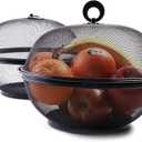Juvale Mesh Fruit Basket with Lid - 10 in Round Black Iron Mesh, Pack of 2 - Covered Bowl & Wire Basket for Countertop - Fruit Fly Proof Produce Keeper