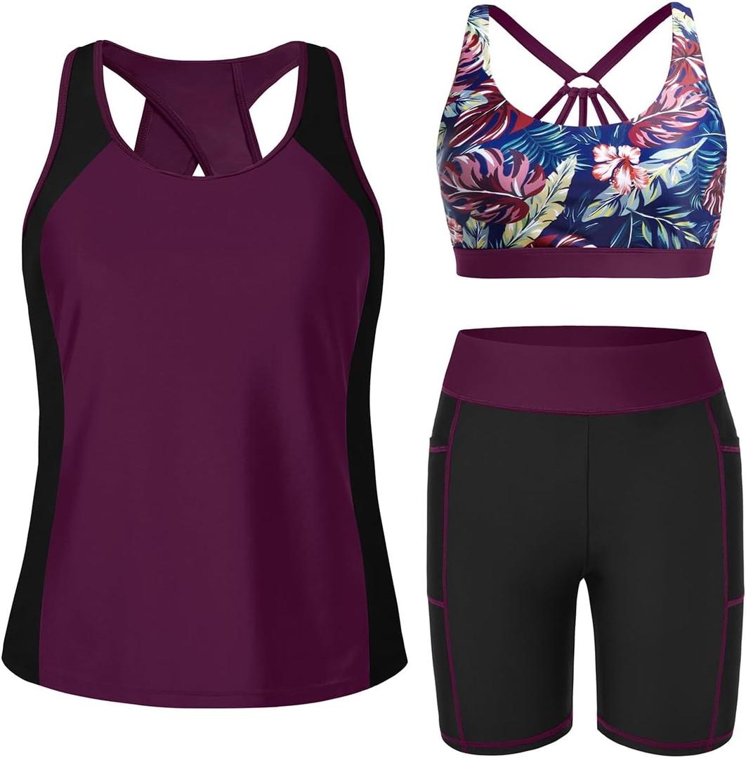 Tempt Me Women 3 Piece Tankini Swimsuits - Athletic Bathing Suits Swim Tank Top with Boy Shorts and Bra Modest Swimwear 2026 (Small, Purple Leaves)