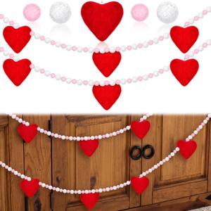 2 Pcs 6.5 FT Valentine's Day Garland Decorations Galentines 3D Red Velvet Heart Pom Poms Valentine Garland Pink White Fluffy Ball Pompoms Hanging Banners for Mantle Home Wedding Party Decor