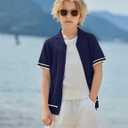Arshiner Boys Knit Shirts Short Sleeve Button Down Shirt Vintage Fashion Casual Summer Beach Shirts for Kids 12-13 Years (Blue)