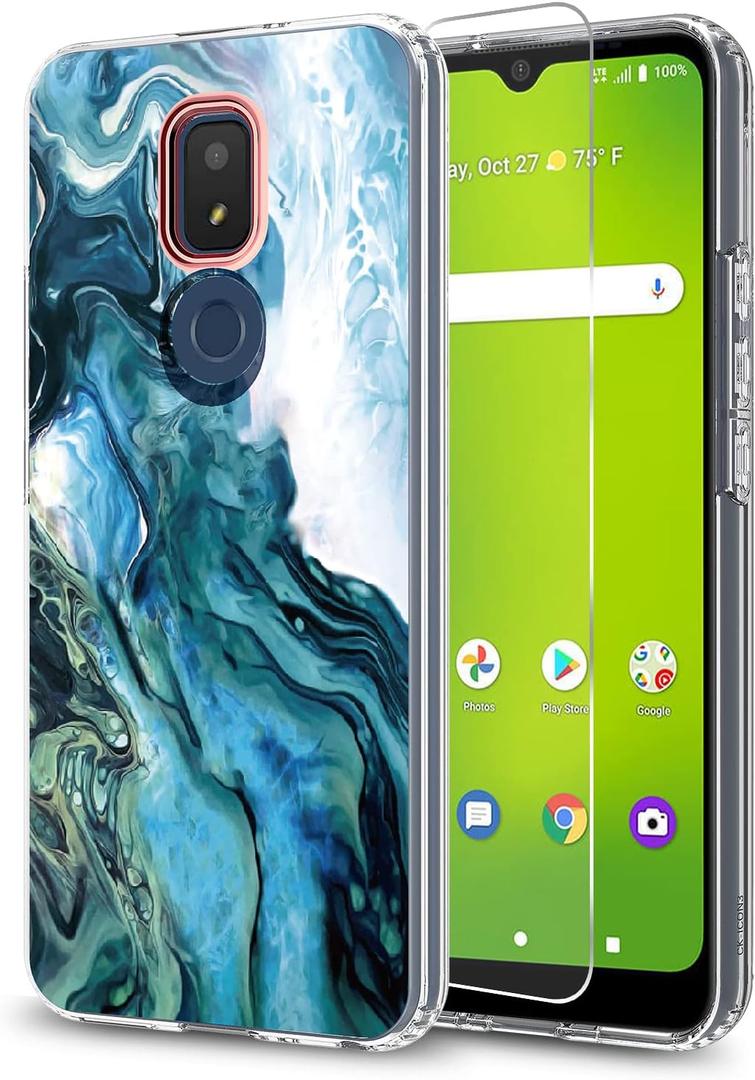 Cricket Icon 3 Case(3rd Version)/At&t Motivate 2 Case(2nd)/Cricket Splendor W/HD SCREEN PROTECTOR(2 PACK),Slim Anti-Scratch PC TPU Shockproof Cute Girl Women Protective Cover White Blue Black Marble