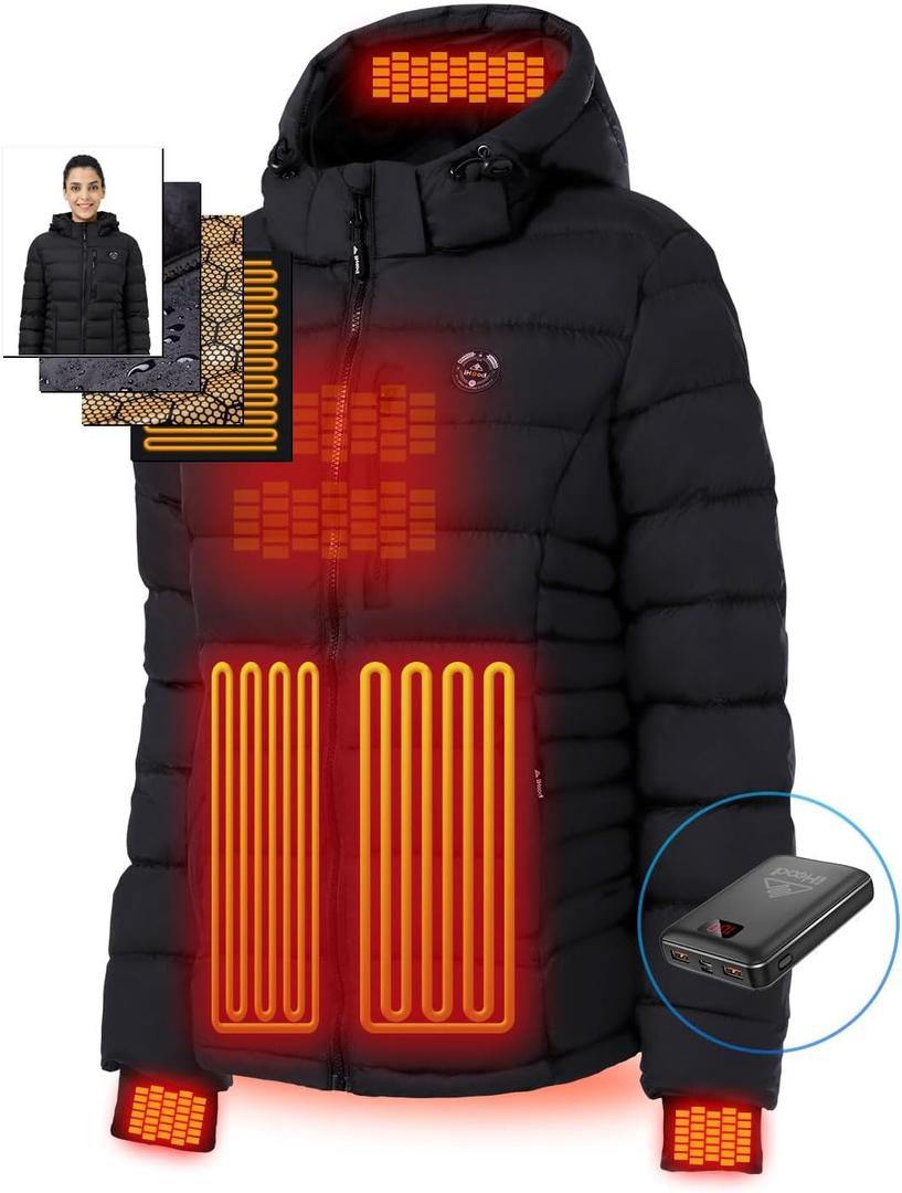 iHood Women's Heated Puffer Jacket With 12V Battery Pack-Insulated Water-Resistant Hooded Hand-Heating Electric Heated Jacket (Medium, Black)