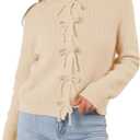 Women's Cardigan Sweaters Bow Button Down Cardigans Fall Fashion Clothes Knit Tie Open Front Coats (Beige, L)