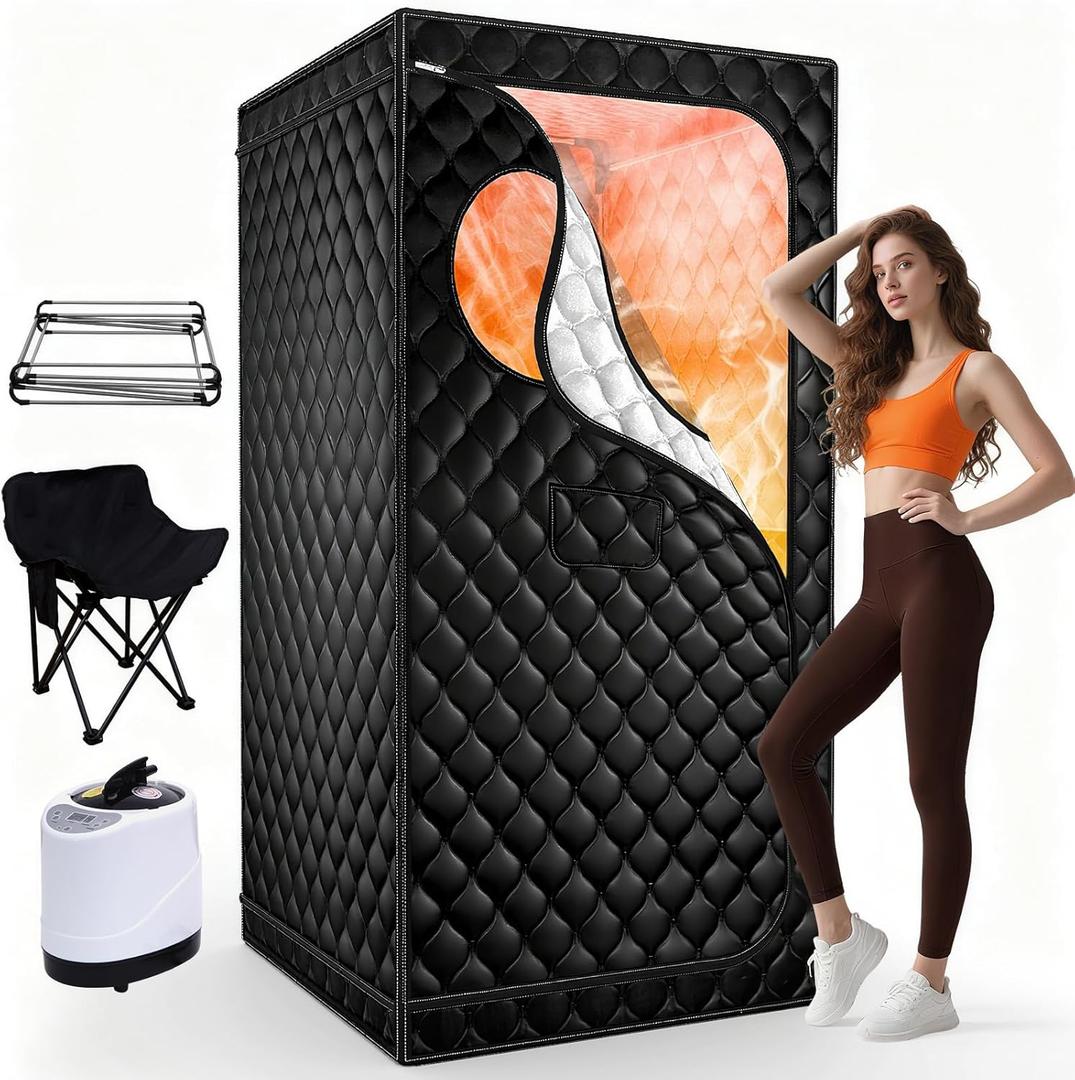 Portable Sauna for Home, Upgraded Personal Steam Sauna Box with 3L 1300W Steamer, Folding Chair, Extra Large Size Foldable Home Sauna 3X 3X 5.9, Full Body Sauna Tent for Relaxation Spa, Black