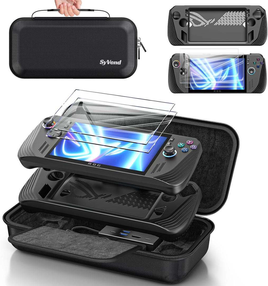 SyVend Carrying Case 3 in 1 Accessories Set Compatible with ROG Ally X 2024 Black, included EVA Carrying Case, Soft Silicone Protective Cover und 2 Pack Screen Protector, Portable and Easy to Carry