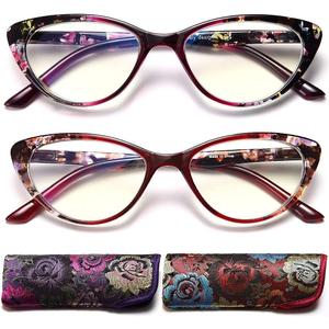 EYEURL Cat Eye Reading Glasses for Womens Set of 2 Blue Light Blocking Readers +1.75 Fashion Ladies Computer Eyeglass Spring Hinge (Red+purple)