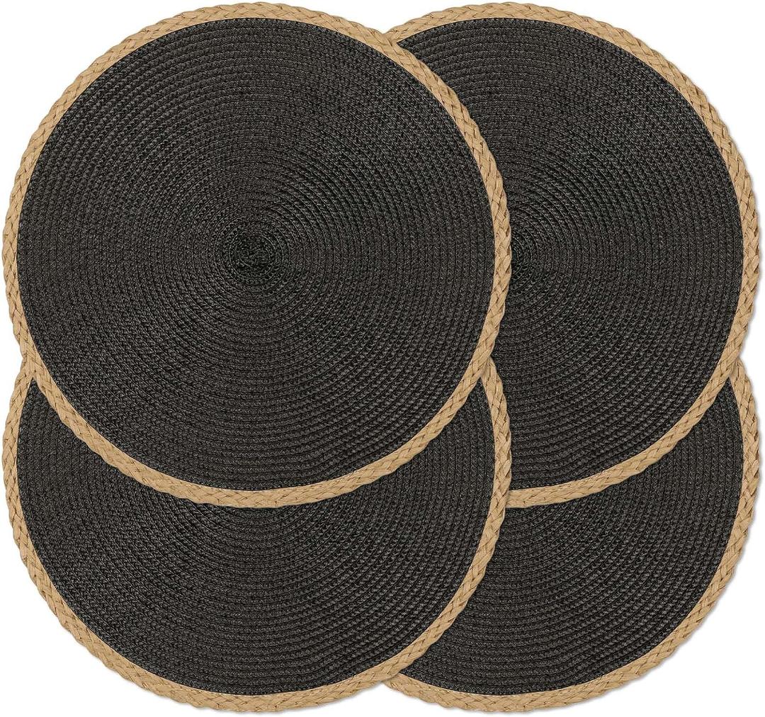 Noctiflorous Braided Round Placemats Set of 4, 15 Inch Woven Table Mats, Non-Slip Washable Thin Edge Place Mats for Kitchen Dining Table Decor (Black, 4)