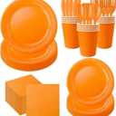 210pcs Orange Paper Plates Disposable Tableware Party Supplies- Includes 9" Dinner Plates, 7" Dessert Plates, 9oz Paper Cups, Napkins, Plastic Forks, Knives And Spoons For All Holiday Parties