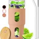 32oz Drinking Glass Tumbler with Bamboo Lid and Straw - Silicone Sleeve - Fits Car Cup Holder - Reusable Boba Smoothie Cup, Spill Proof Travel Water Bottle, Iced Coffee Tumbler, BPA Free - Amber