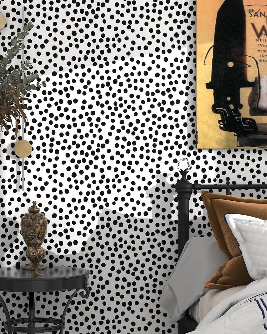 Modern Peel and Stick Wallpaper 17.3" x 393" Self Adhesive Wallpaper Black and White Contact Paper Polka Dot Removable Wall paper Decorative for Bedroom Bathroom Cabinets and Countertops Vinyl Roll