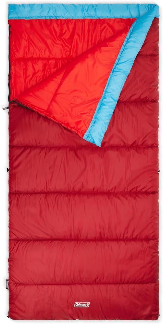 Coleman Flatlands 30/40/50F Sleeping Bag, Made from 100% Recycled Material, Big & Tall Options, Cool-Weather Sleeping Bag for Camping, Sleepovers, Guests & More, Red