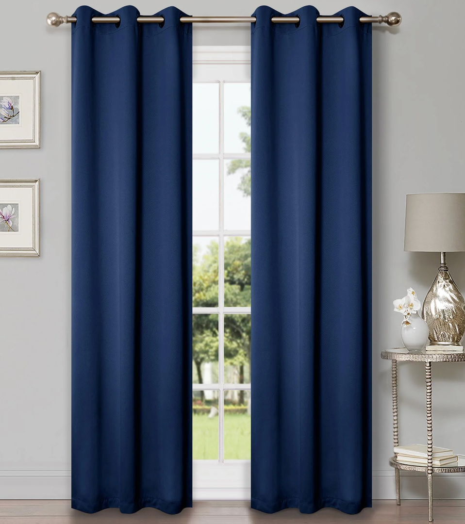 2 Piece Blue Curtain Panel Set – 90 x 82 Inch – Grommet Top Window Drapes for Bedroom, Living Room or Office – Light Blocking Polyester Fabric – Navy Blue