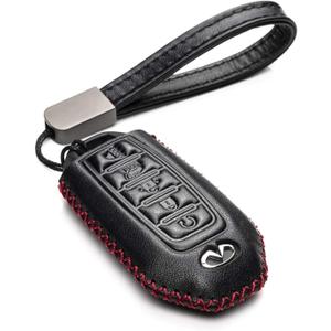 Vitodeco Leather Smart Key Fob Case Cover Protector Compatible for Infiniti QX50, QX55, QX60, Q50 (2018-2026 Models) - 5-Button, Black/Red