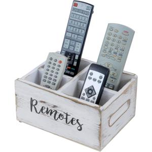 MyGift Wood Remote Control Holder Organizer with 4 Compartments, Media Remote Caddy Storage with Cursive REMOTES Design, Whitewashed