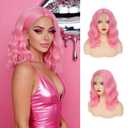 GUOJIAN Pink Bob Wig 14 Inch Short Wavy Curly Shoulder Length Wig for Women Middle Part Natural Looking Heat Resistant Synthetic Wigs for Daily Party Use