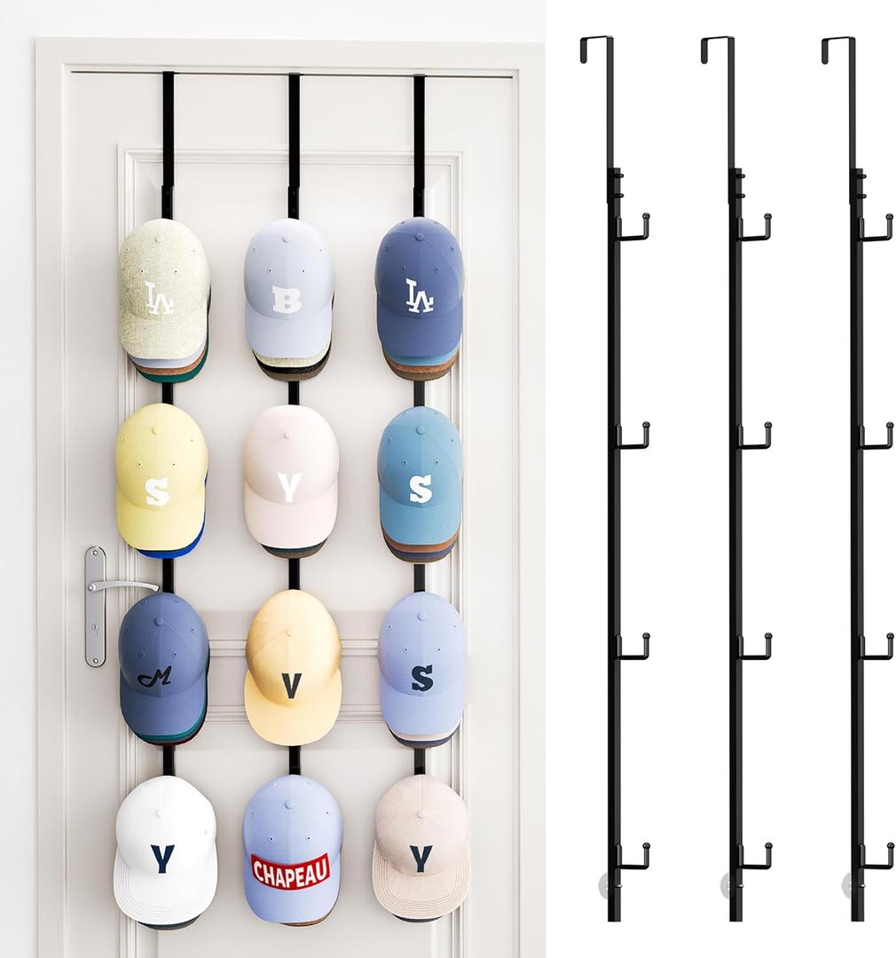 SWTYMIKI Over Door Hat Rack - 3 Packs Metal Hanging Hat Organizer with 12 Hooks Design, Baseball Cap Hanger Organizer Storage Holds up to 60 Caps for Door, Bedroom, Closet (Black)