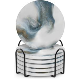 UMIRRO Absorbent Coasters for Drinks with Holder | Ceramic Stone Cup Coasters for Coffee Table | Modern Decorative Mat in Ocean Blue and Grey | Set of 6 (13. Breaking in the Clouds)