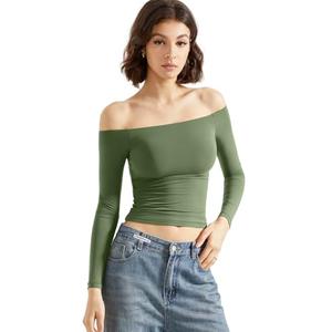 SUUKSESS Women Off The Shoulder Double Lined Long Sleeve Shirts Fitted Y2k Basic Going Out Tops (Army Green, L)