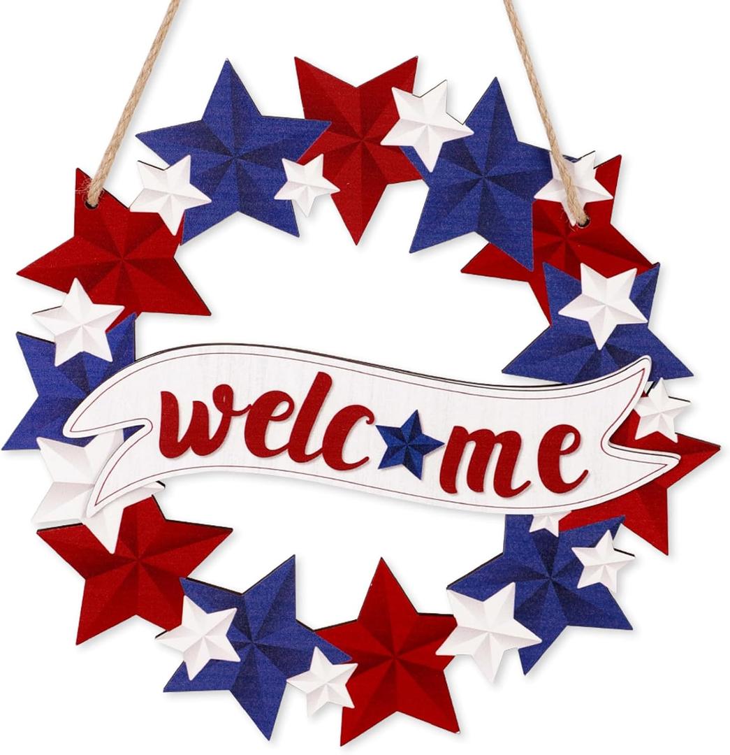 4th/Fourth of July Decorations Welcome Wreath for Front Door - Wooden Red White and Blue Star Sign, Patriotic Memorial Day Porch Home Wall Outside Decor 4th/Fourth of July Decorations Welcome Wreath for Front Door - Wooden Red White and Blue Star Sign, Patriotic Memorial Day Porch Home Wall Outside Decor