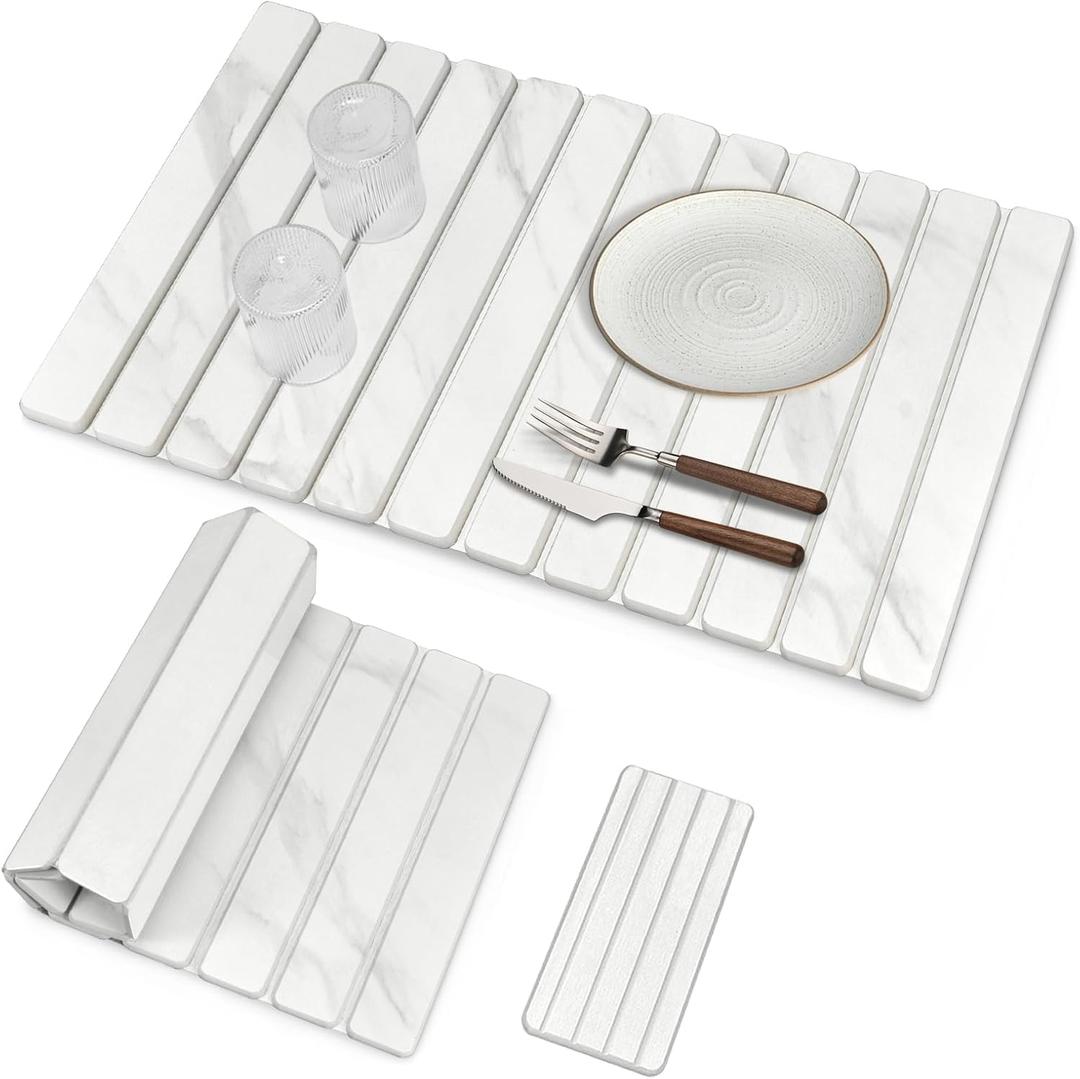 2 PCS Extra Large Stone Dish Drying Mats for Kitchen Counter, 28"(L)16"(W) Marble-Pattern Dish Drying Mat with 8"x 4" Coasters, Eco-Friendly Diatomite Dish Drying Mat - Fits All Countertops