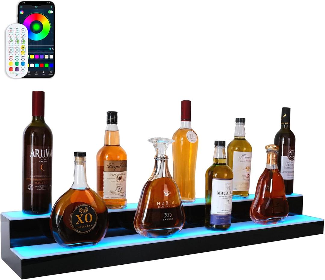 Led Lighted Liquor Bottle Display Shelf, 30 Inch 2 Tier Whiskey Rack, Support USB, Bar Stand with RF Remote & App Control, Illuminated Acrylic Lighting Shelves for Home Bar, Party