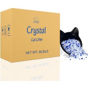 Crystal Cat Litter with Powerful Odor Control, Non-Clumping, Lasts Up to 6 Months, 24lb, Rapid Water Absorption, Unscented & Low Tracking Lightweight Blue & White Silica, 3 Pack of 8 lb