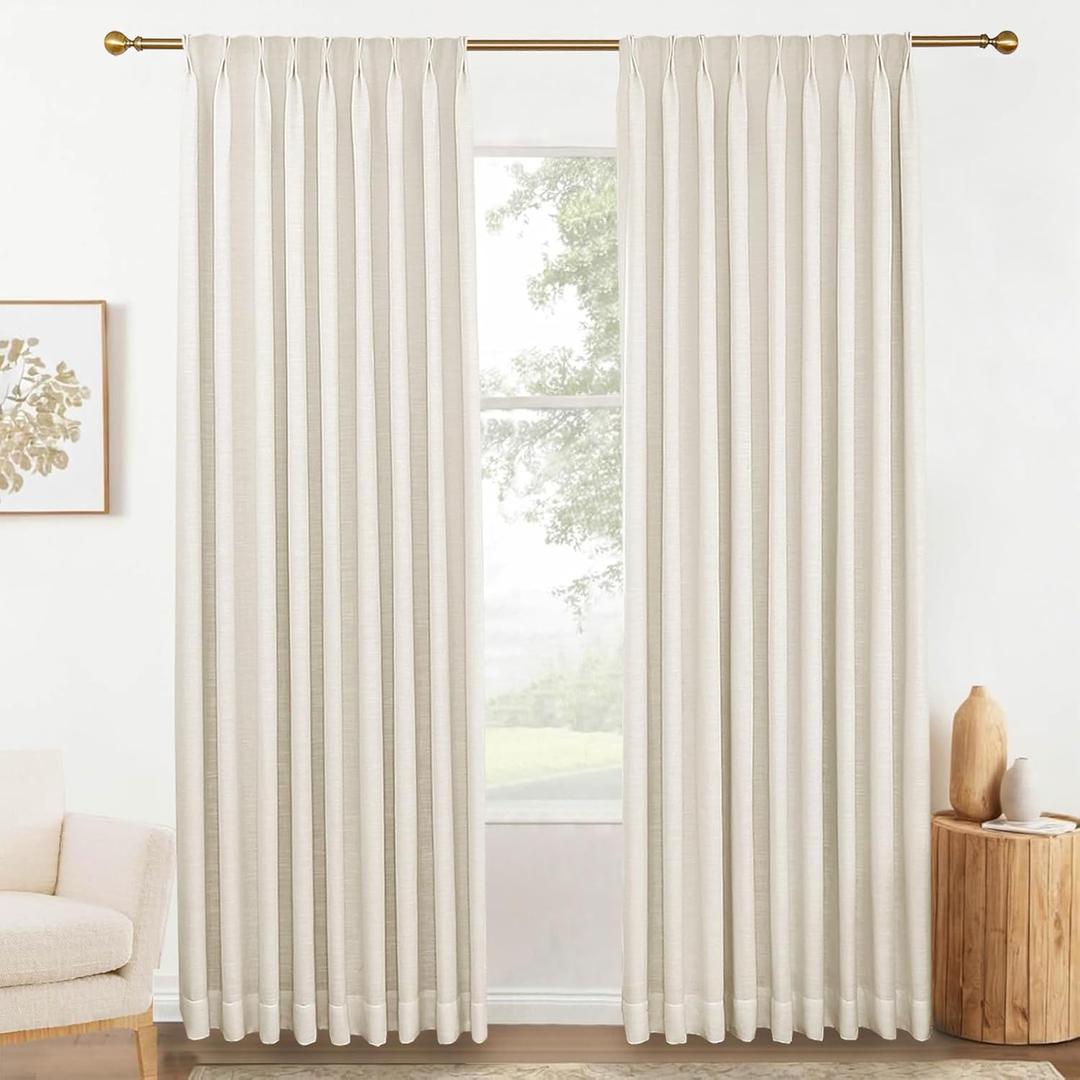 88 inch Pinch Pleated Curtains Blackout Linen Textured Full Blackout Back Tab Pinch Pleat Drapes with Hooks for Bedroom, 52W x 88L, Ivory White, 1 Panel