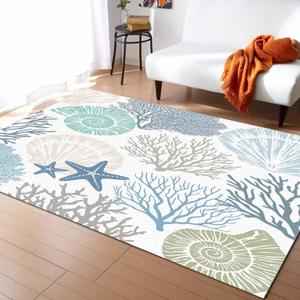 Blue Coral Area Rug for Living Room, Coastal Ocean Nautical Rectangular Indoor Carpet - 4' x 6', Summer Starfish Shells Marine Themed Non-Skid Bathroom Mat Kitchen Runner Rugs for Bedroom