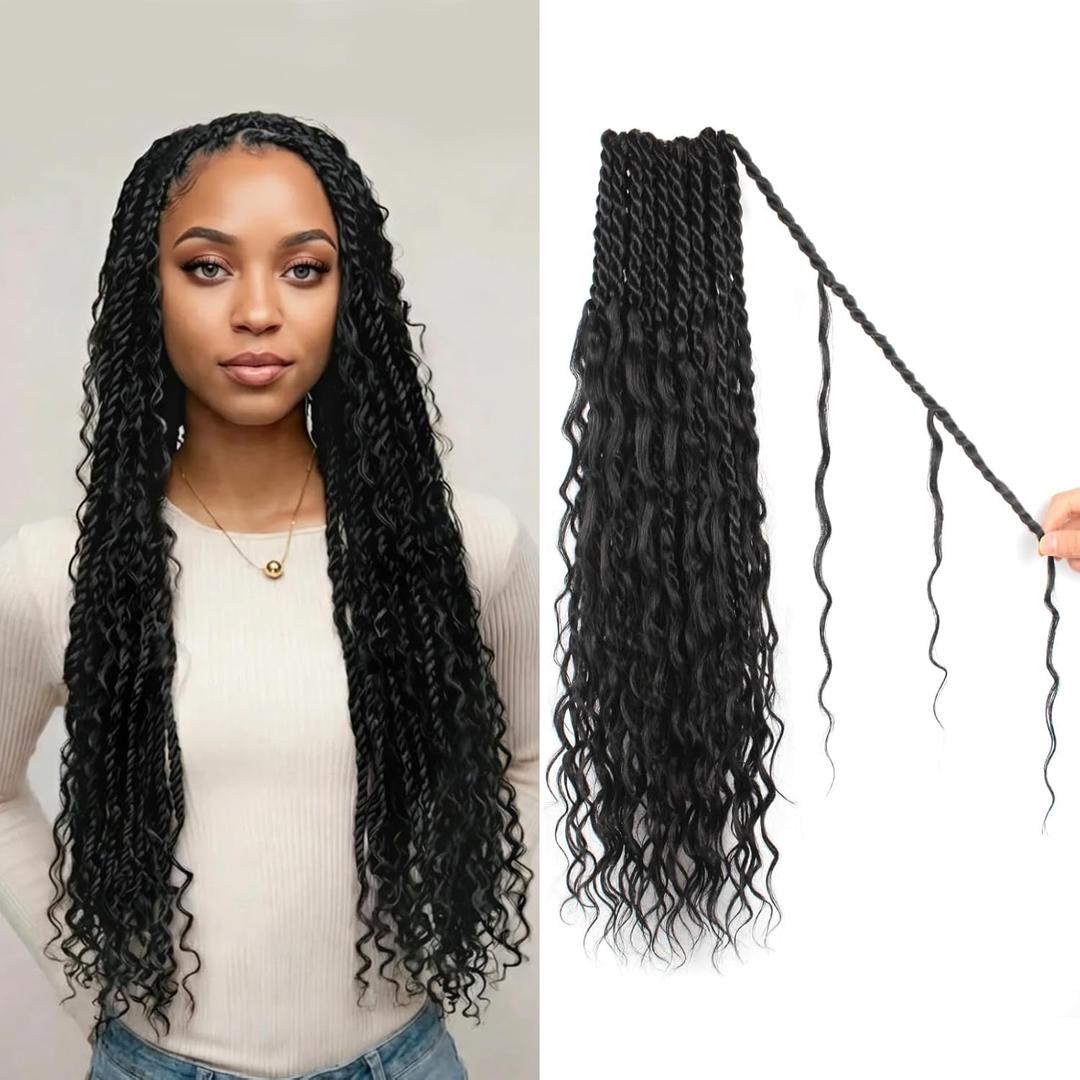 Senegalese Twist Crochet Hair Pure Protein Fiber Close to Human Hair 18 Inch Pre Looped Goddess Twist with Curly Ends 8 Packs Boho Island Twist Crochet Hair for Black Women (18Inch 1B)