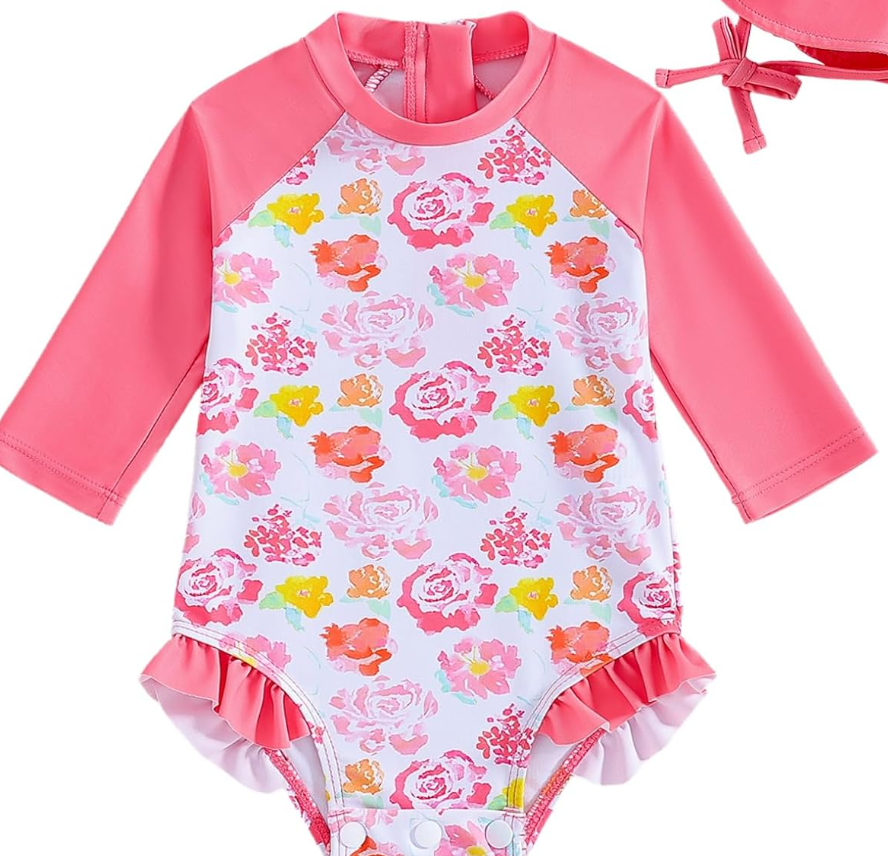 WOLBAY Baby Girl Swimsuit Long Sleeve One Piece Rash Guard with Sun Hat Zipper Bathing Suit Size 18-24M