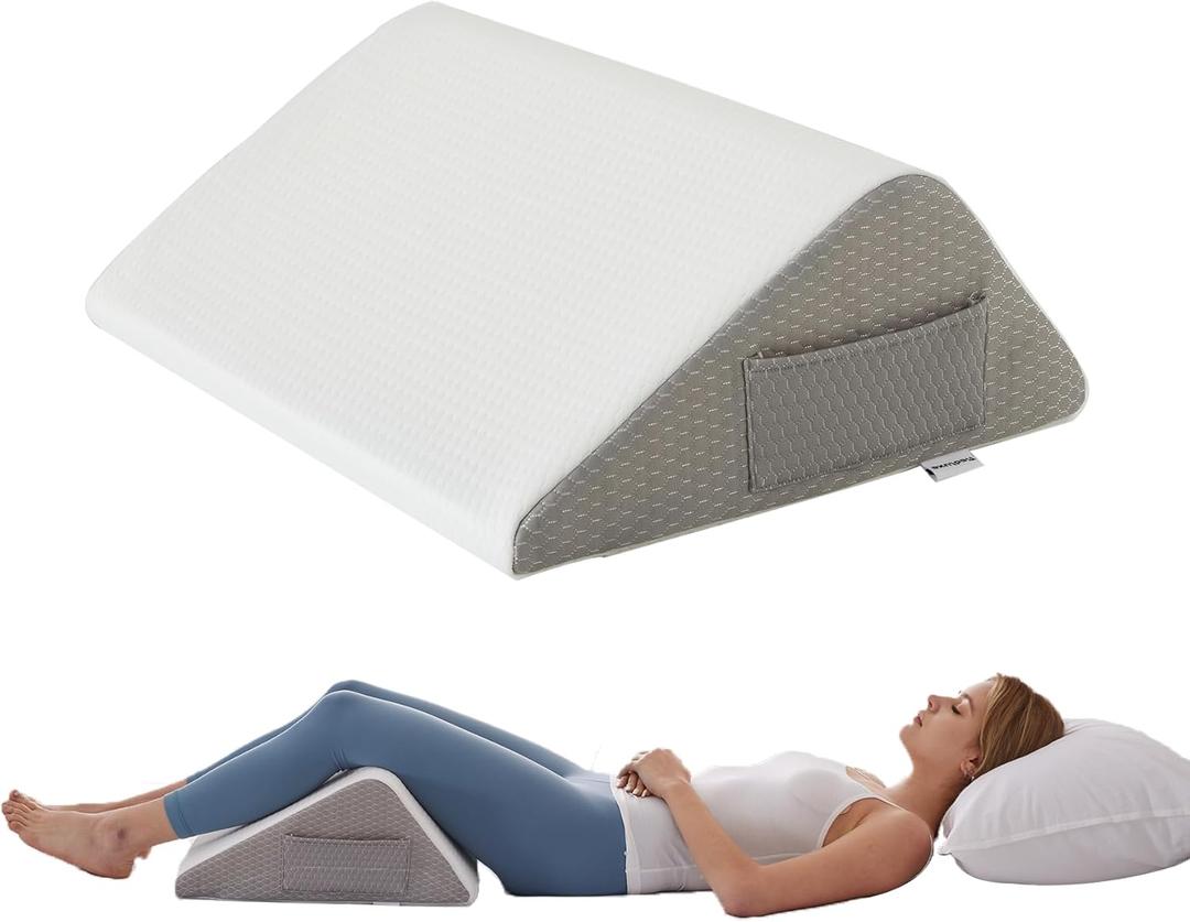 Knee Pillow for Back Sleeping, Leg Pillow Knee Wedge Pillow, Memory Foam Wedge Pillows for Legs Post Surgery, Triangle Pillow for Knee Support, Leg Elevation, Knees Hip Back Pain Relief, White (23.6*18.9*7.9 Inch)