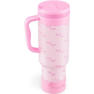 40 oz Insulated Tumbler with Handle and Push-Button Straw Lid, Stainless Steel Travel Cup for Gym Office Leakproof, BPA-Free, Cup Holder Friendly, Bow Silicone Boot, Pink (Coquette Bubblegum) (EXP 02/05/26)