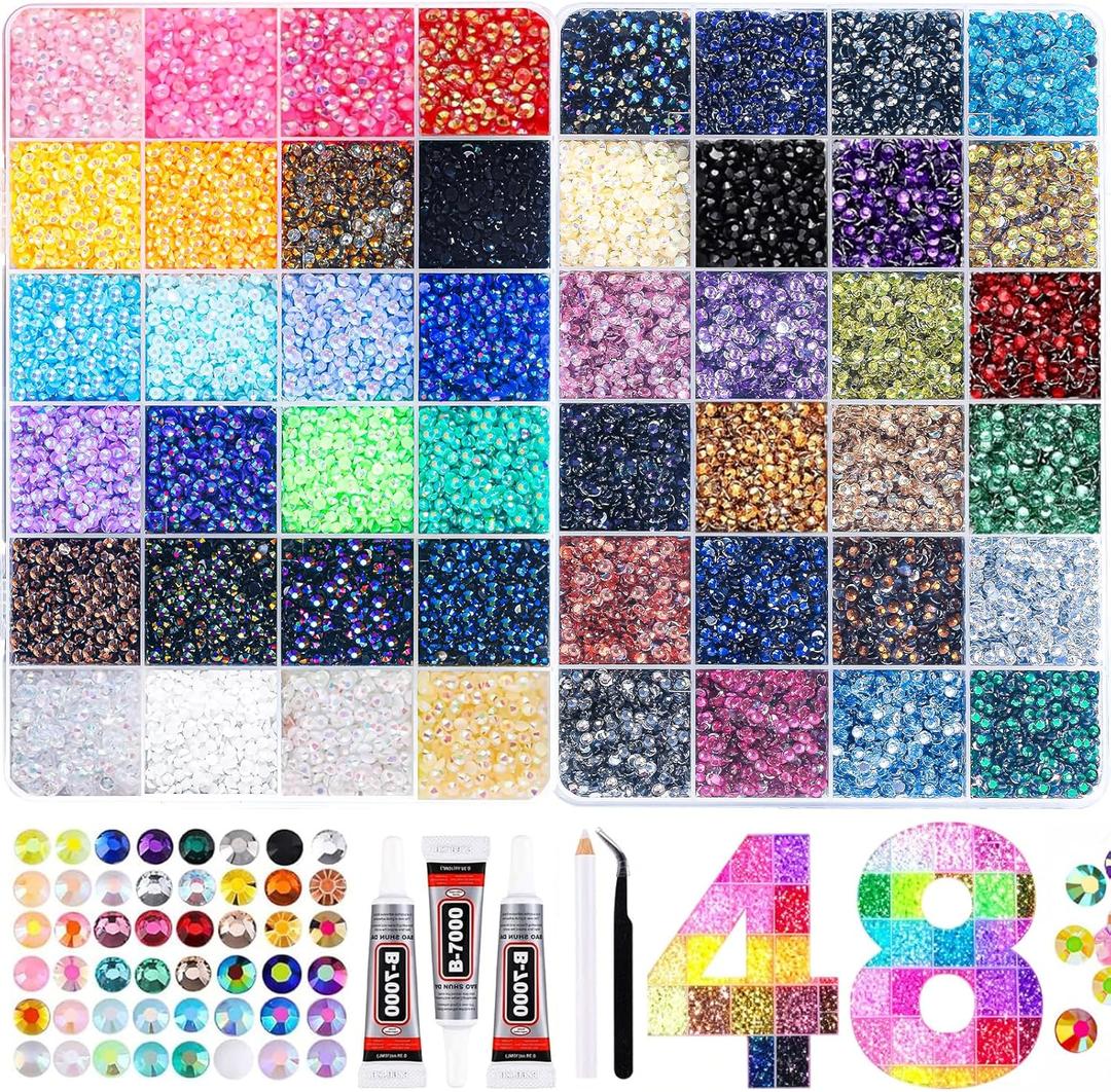 Vertdens 48 Colours 48000 Pieces 3mm Bedazzling Kit, Flatback Rhinestones, Resin Jelly Gems, Rhinestones for Bedazzling, Diamond Art & DIY Bedazzler, Including 3 x 10ml Bottles of B7000