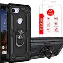 for Google Pixel 3A Case with [2 Pack] Tempered Glass Screen Protector, for Google Pixel 3A Heavy Duty Armor [Military-Grade] ProtectiveMagnetic Ring Stand Phone Case Black