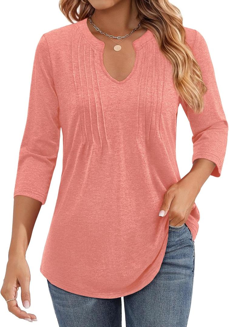 Long Sleeve Shirts for Women 2026 Spring Dressy Casual Blouses Pleated Crewneck Tunic Tops for Leggings Cute Tee (M)