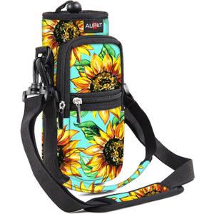 AUPET Water Bottle Sling Bag Sleeve Holder Carrier 25/32/40/64 oz,Insulated Crossbody Water Bottle Case Cover with Strap and Pockets for Men/Women Walking Hiking (Sunflower Green background)